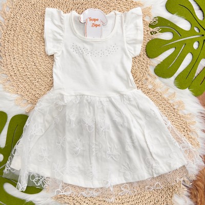 Vestido com Strass e Tule de Laços - Off White
